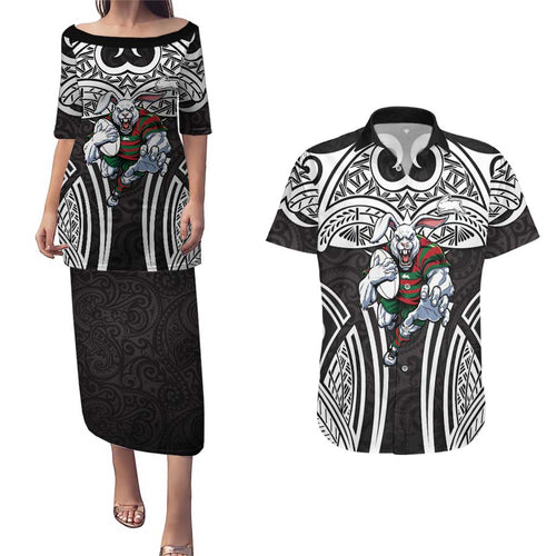 South Sydney Rabbitohs Rugby Couples Matching Puletasi and Hawaiian Shirt Polynesian Tribal Rabbit Warrior Black White Pattern
