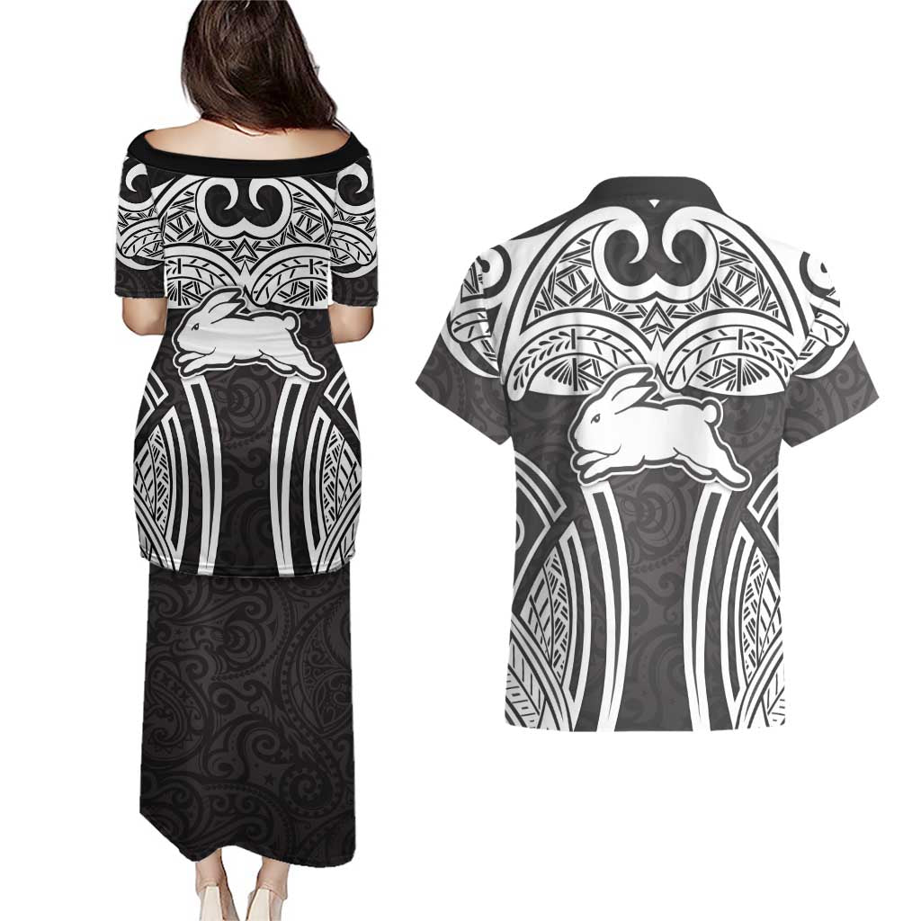 South Sydney Rabbitohs Rugby Couples Matching Puletasi and Hawaiian Shirt Polynesian Tribal Rabbit Warrior Black White Pattern