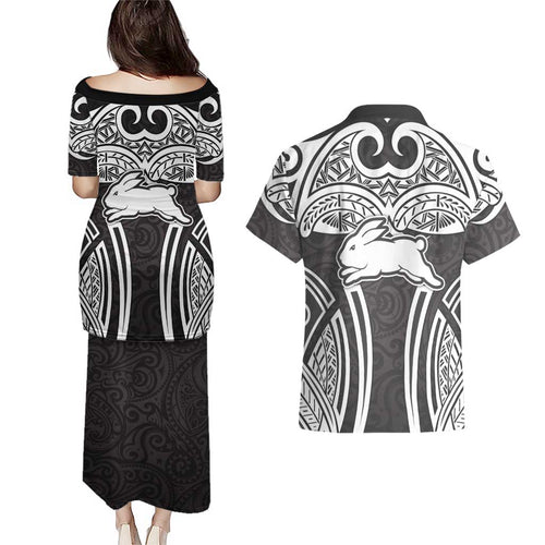 South Sydney Rabbitohs Rugby Couples Matching Puletasi and Hawaiian Shirt Polynesian Tribal Rabbit Warrior Black White Pattern