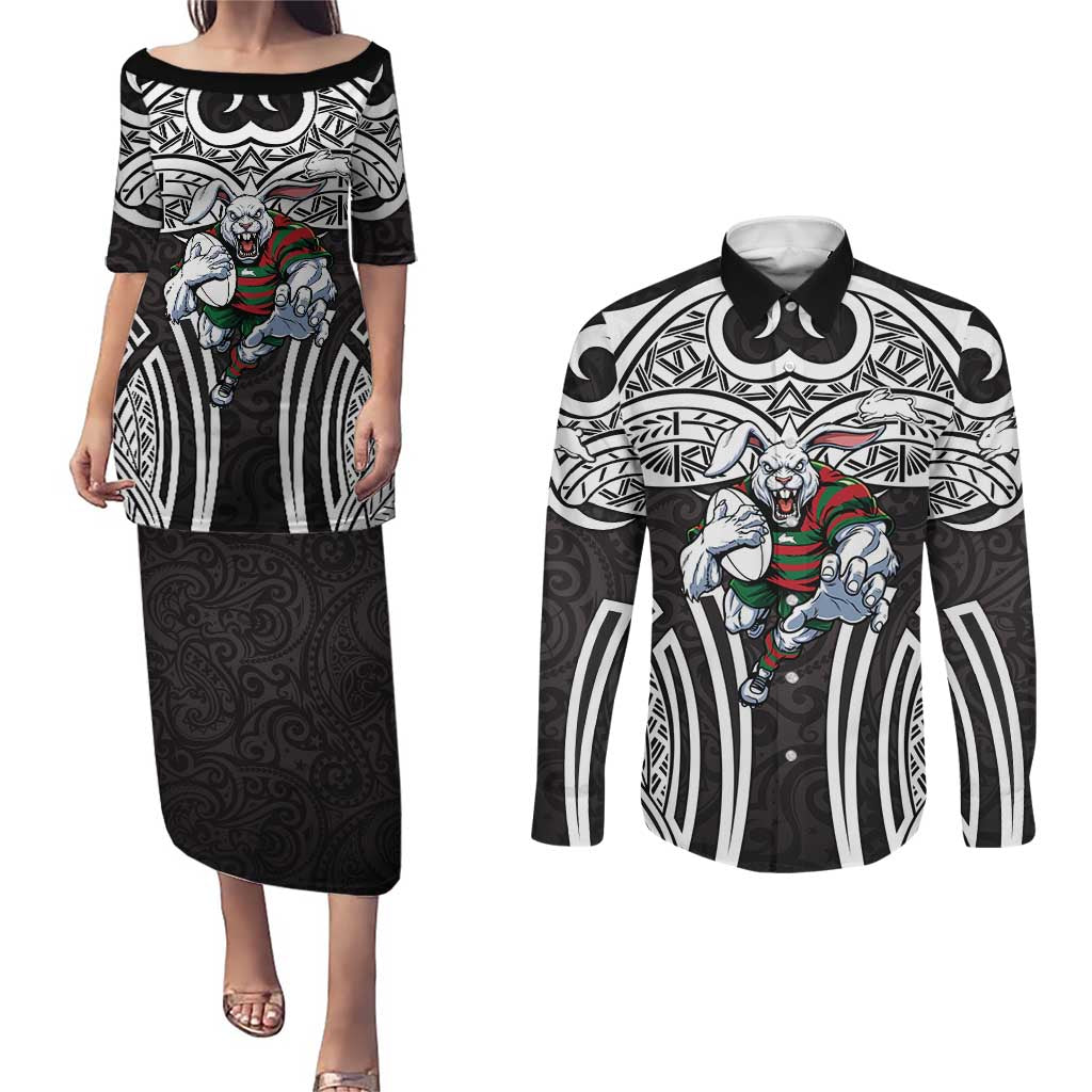 South Sydney Rabbitohs Rugby Couples Matching Puletasi and Long Sleeve Button Shirt Polynesian Tribal Rabbit Warrior Black White Pattern