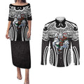 South Sydney Rabbitohs Rugby Couples Matching Puletasi and Long Sleeve Button Shirt Polynesian Tribal Rabbit Warrior Black White Pattern
