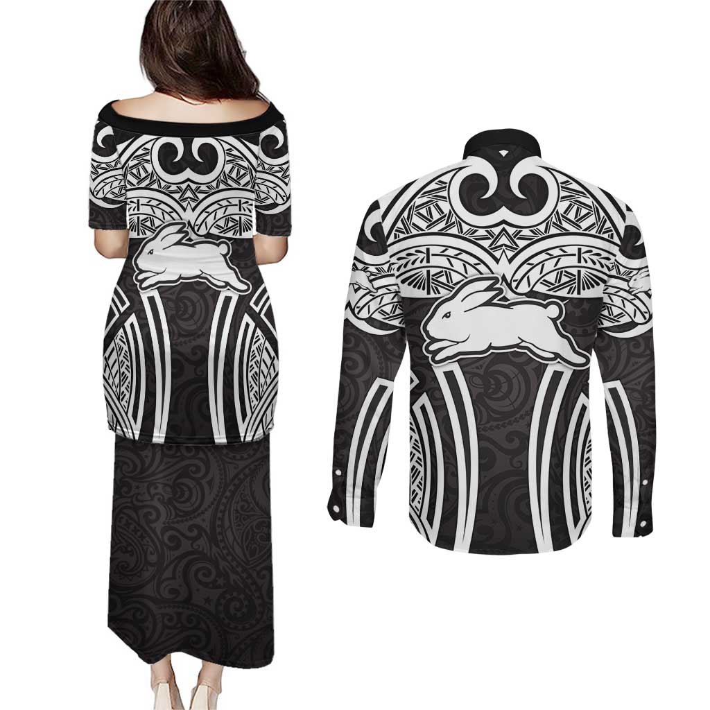 South Sydney Rabbitohs Rugby Couples Matching Puletasi and Long Sleeve Button Shirt Polynesian Tribal Rabbit Warrior Black White Pattern