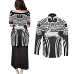 South Sydney Rabbitohs Rugby Couples Matching Puletasi and Long Sleeve Button Shirt Polynesian Tribal Rabbit Warrior Black White Pattern