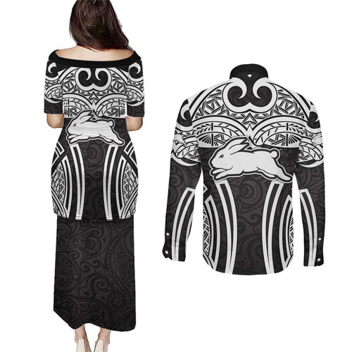 South Sydney Rabbitohs Rugby Couples Matching Puletasi and Long Sleeve Button Shirt Polynesian Tribal Rabbit Warrior Black White Pattern