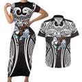 South Sydney Rabbitohs Rugby Couples Matching Short Sleeve Bodycon Dress and Hawaiian Shirt Polynesian Tribal Rabbit Warrior Black White Pattern