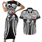 South Sydney Rabbitohs Rugby Couples Matching Short Sleeve Bodycon Dress and Hawaiian Shirt Polynesian Tribal Rabbit Warrior Black White Pattern