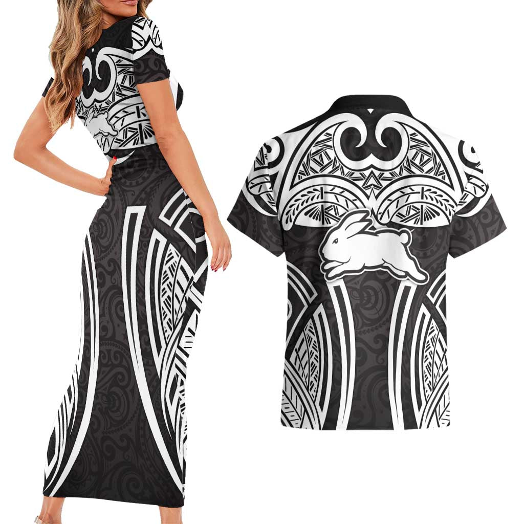South Sydney Rabbitohs Rugby Couples Matching Short Sleeve Bodycon Dress and Hawaiian Shirt Polynesian Tribal Rabbit Warrior Black White Pattern