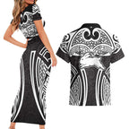 South Sydney Rabbitohs Rugby Couples Matching Short Sleeve Bodycon Dress and Hawaiian Shirt Polynesian Tribal Rabbit Warrior Black White Pattern