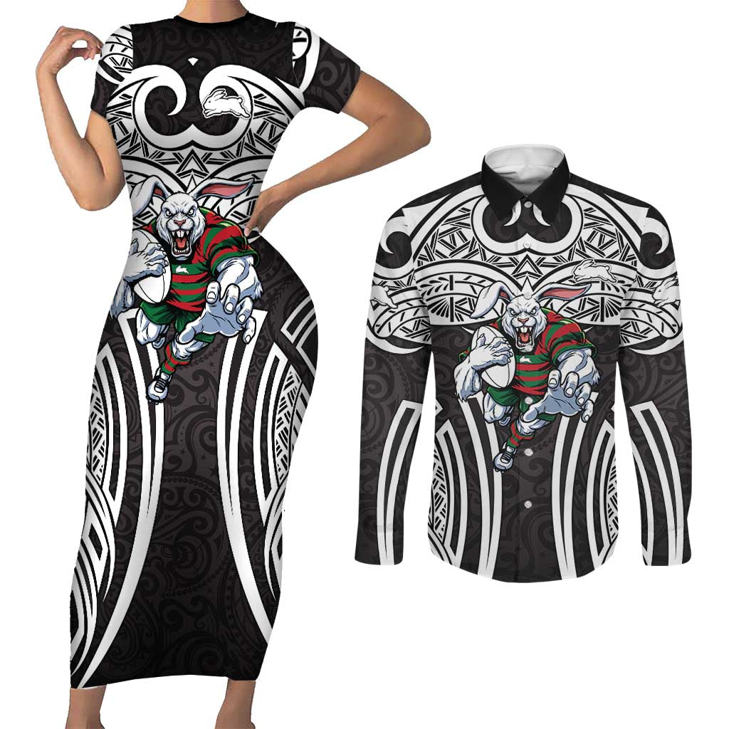 South Sydney Rabbitohs Rugby Couples Matching Short Sleeve Bodycon Dress and Long Sleeve Button Shirt Polynesian Tribal Rabbit Warrior Black White Pattern