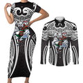 South Sydney Rabbitohs Rugby Couples Matching Short Sleeve Bodycon Dress and Long Sleeve Button Shirt Polynesian Tribal Rabbit Warrior Black White Pattern