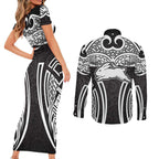 South Sydney Rabbitohs Rugby Couples Matching Short Sleeve Bodycon Dress and Long Sleeve Button Shirt Polynesian Tribal Rabbit Warrior Black White Pattern