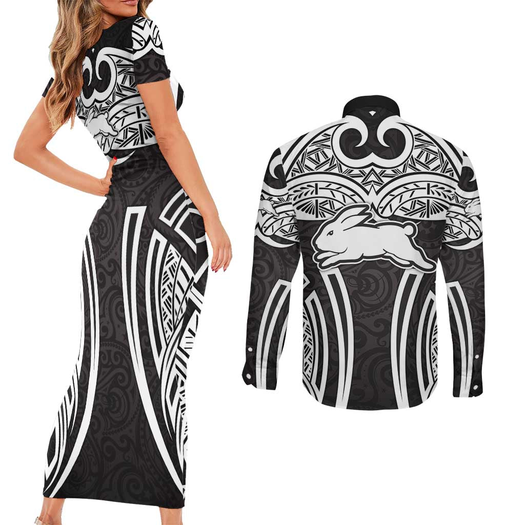 South Sydney Rabbitohs Rugby Couples Matching Short Sleeve Bodycon Dress and Long Sleeve Button Shirt Polynesian Tribal Rabbit Warrior Black White Pattern