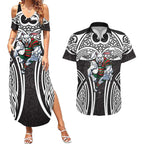 South Sydney Rabbitohs Rugby Couples Matching Summer Maxi Dress and Hawaiian Shirt Polynesian Tribal Rabbit Warrior Black White Pattern