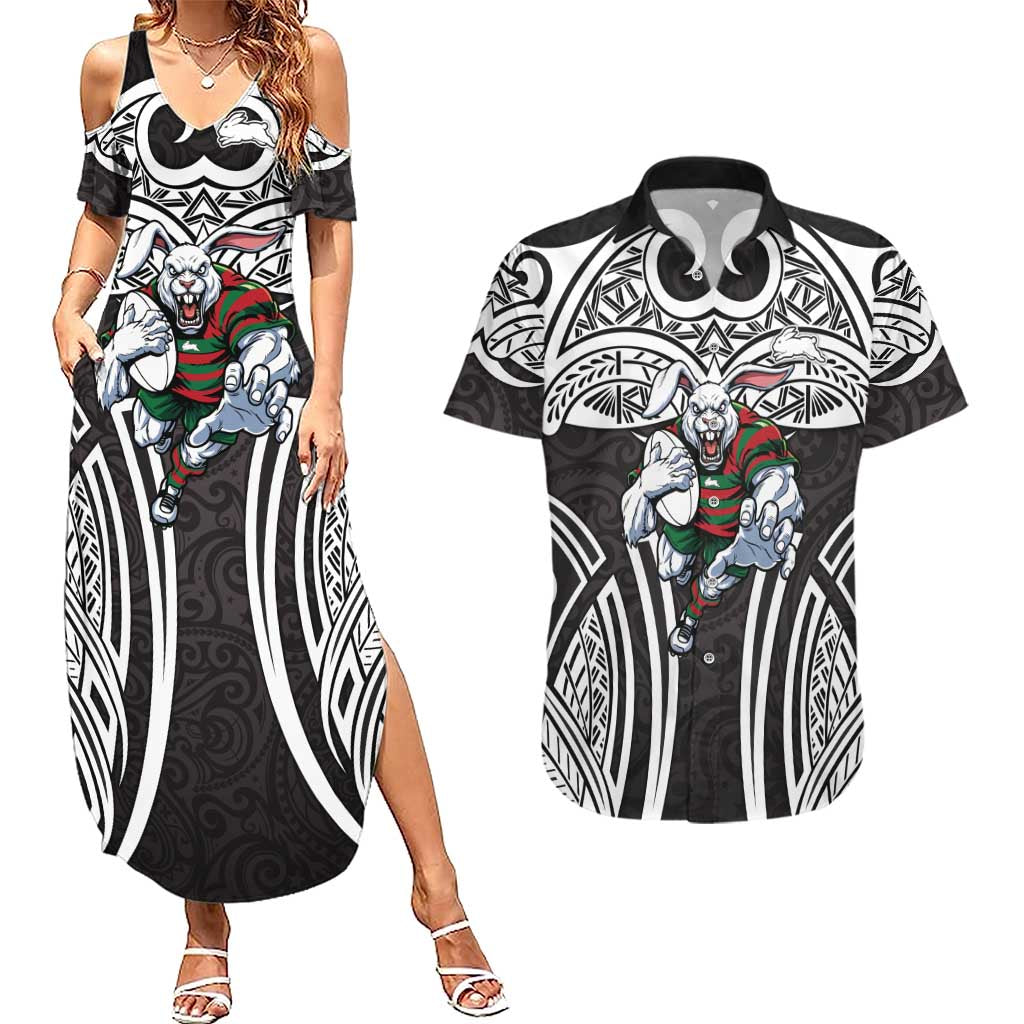 South Sydney Rabbitohs Rugby Couples Matching Summer Maxi Dress and Hawaiian Shirt Polynesian Tribal Rabbit Warrior Black White Pattern
