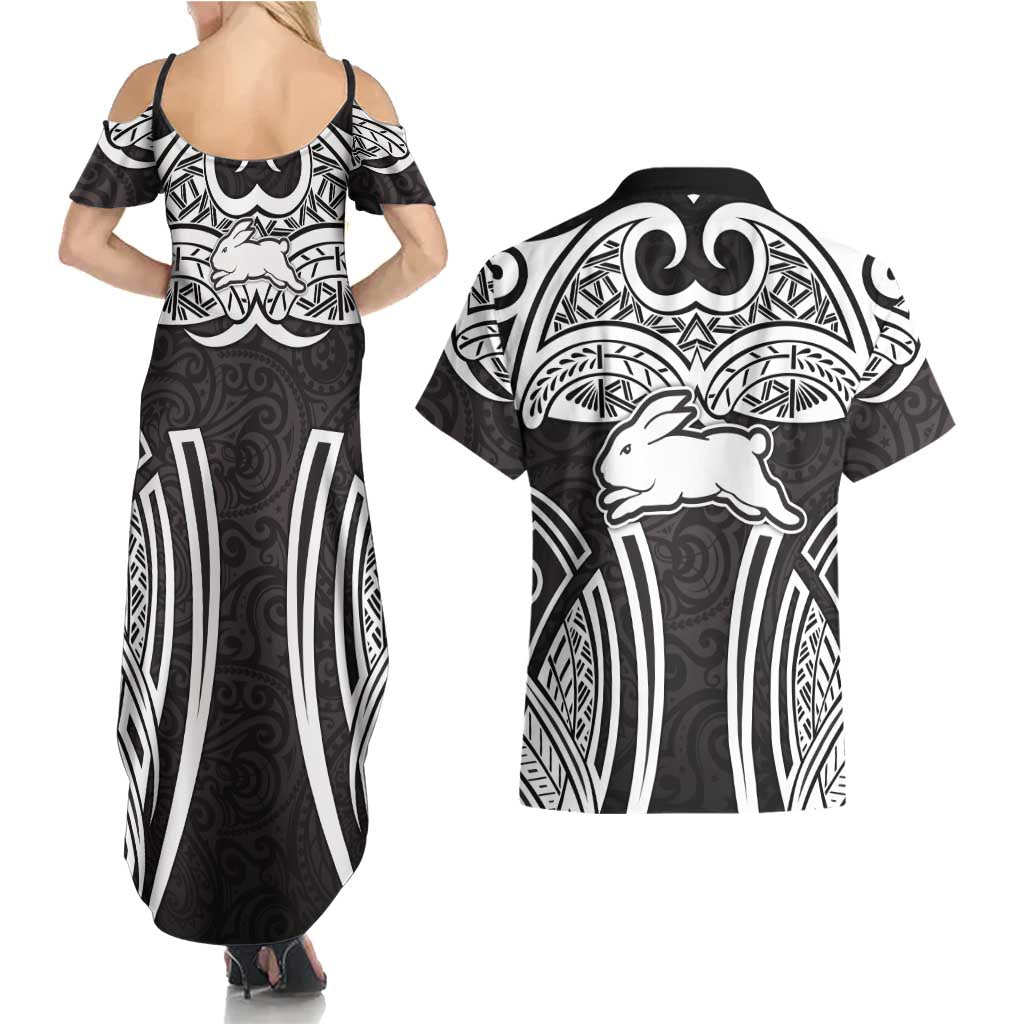 South Sydney Rabbitohs Rugby Couples Matching Summer Maxi Dress and Hawaiian Shirt Polynesian Tribal Rabbit Warrior Black White Pattern