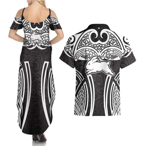 South Sydney Rabbitohs Rugby Couples Matching Summer Maxi Dress and Hawaiian Shirt Polynesian Tribal Rabbit Warrior Black White Pattern