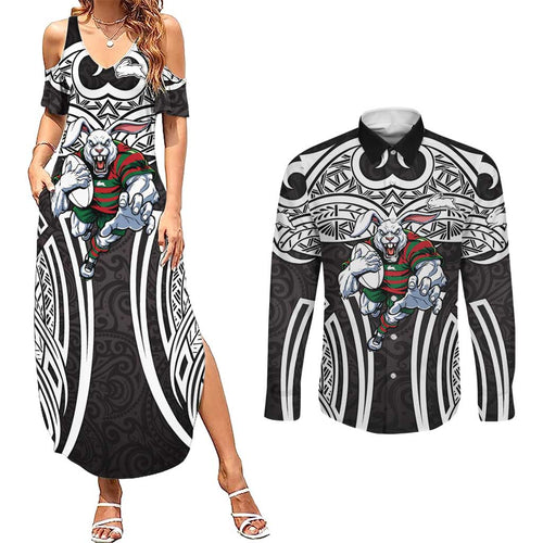 South Sydney Rabbitohs Rugby Couples Matching Summer Maxi Dress and Long Sleeve Button Shirt Polynesian Tribal Rabbit Warrior Black White Pattern