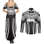 South Sydney Rabbitohs Rugby Couples Matching Summer Maxi Dress and Long Sleeve Button Shirt Polynesian Tribal Rabbit Warrior Black White Pattern