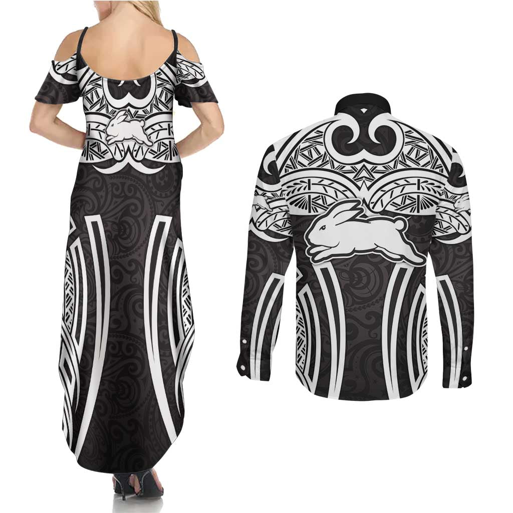 South Sydney Rabbitohs Rugby Couples Matching Summer Maxi Dress and Long Sleeve Button Shirt Polynesian Tribal Rabbit Warrior Black White Pattern