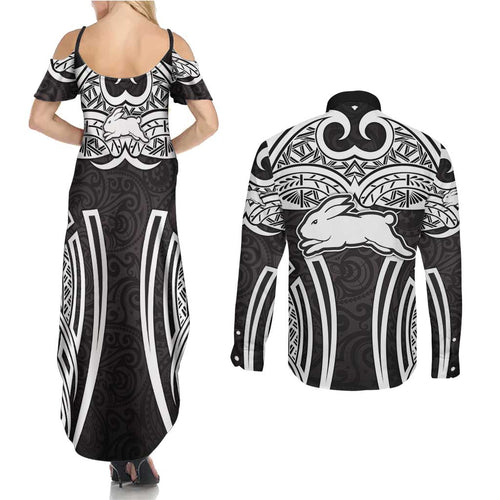 South Sydney Rabbitohs Rugby Couples Matching Summer Maxi Dress and Long Sleeve Button Shirt Polynesian Tribal Rabbit Warrior Black White Pattern