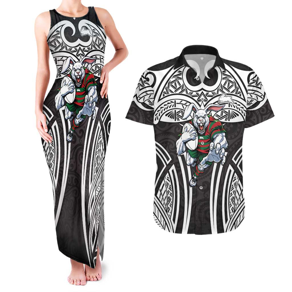 South Sydney Rabbitohs Rugby Couples Matching Tank Maxi Dress and Hawaiian Shirt Polynesian Tribal Rabbit Warrior Black White Pattern