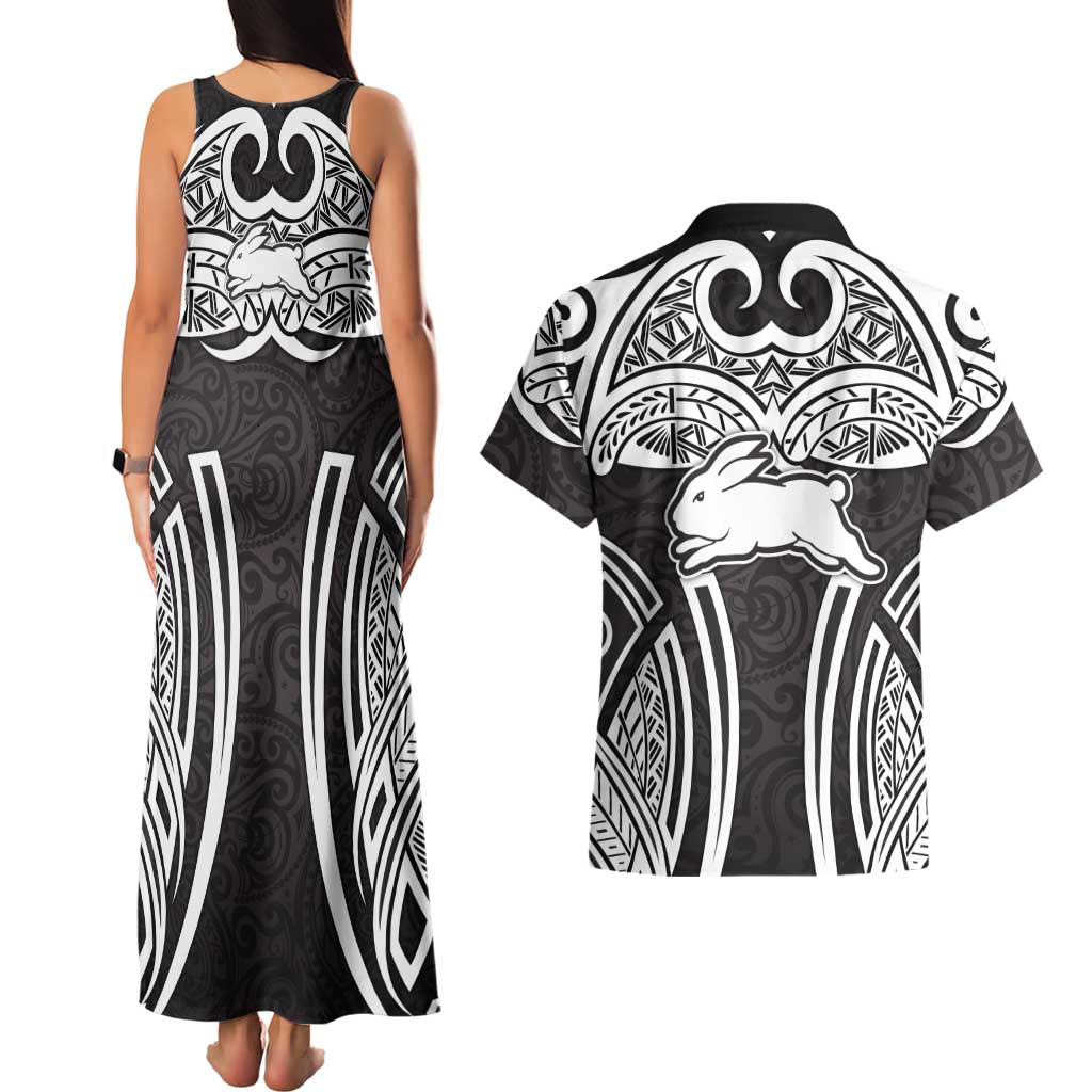 South Sydney Rabbitohs Rugby Couples Matching Tank Maxi Dress and Hawaiian Shirt Polynesian Tribal Rabbit Warrior Black White Pattern