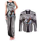 South Sydney Rabbitohs Rugby Couples Matching Tank Maxi Dress and Long Sleeve Button Shirt Polynesian Tribal Rabbit Warrior Black White Pattern