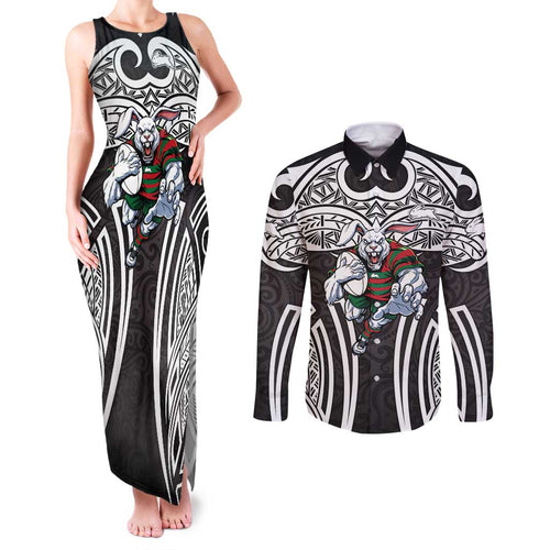 South Sydney Rabbitohs Rugby Couples Matching Tank Maxi Dress and Long Sleeve Button Shirt Polynesian Tribal Rabbit Warrior Black White Pattern