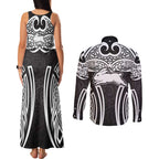 South Sydney Rabbitohs Rugby Couples Matching Tank Maxi Dress and Long Sleeve Button Shirt Polynesian Tribal Rabbit Warrior Black White Pattern