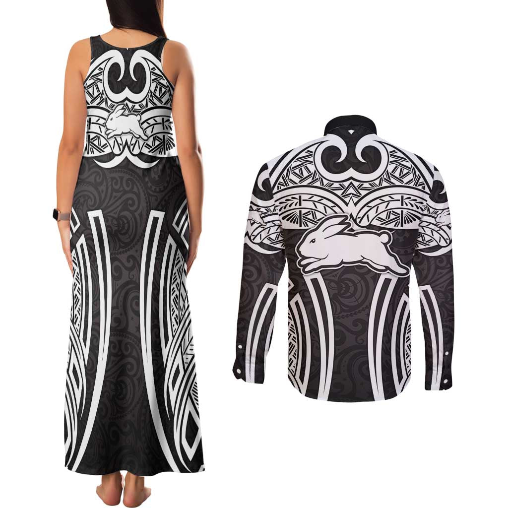 South Sydney Rabbitohs Rugby Couples Matching Tank Maxi Dress and Long Sleeve Button Shirt Polynesian Tribal Rabbit Warrior Black White Pattern