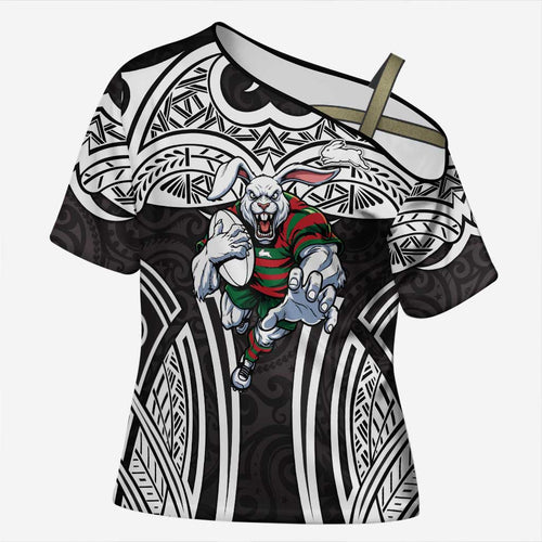 South Sydney Rabbitohs Rugby Cross Shoulder Shirt Polynesian Tribal Rabbit Warrior Black White Pattern