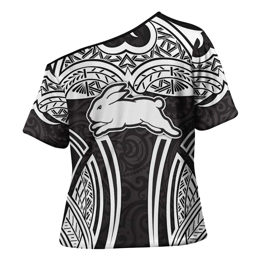 South Sydney Rabbitohs Rugby Cross Shoulder Shirt Polynesian Tribal Rabbit Warrior Black White Pattern
