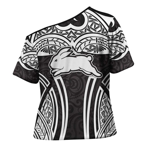 South Sydney Rabbitohs Rugby Cross Shoulder Shirt Polynesian Tribal Rabbit Warrior Black White Pattern
