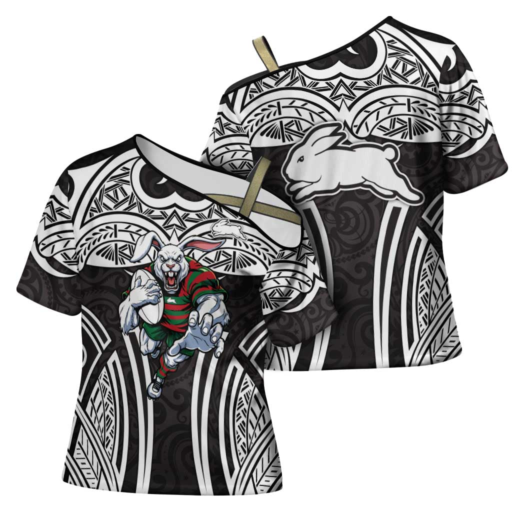 South Sydney Rabbitohs Rugby Cross Shoulder Shirt Polynesian Tribal Rabbit Warrior Black White Pattern