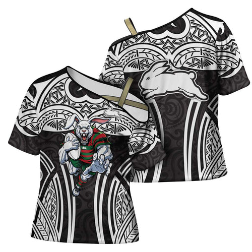 South Sydney Rabbitohs Rugby Cross Shoulder Shirt Polynesian Tribal Rabbit Warrior Black White Pattern