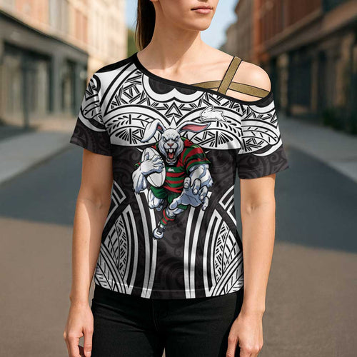 South Sydney Rabbitohs Rugby Cross Shoulder Shirt Polynesian Tribal Rabbit Warrior Black White Pattern