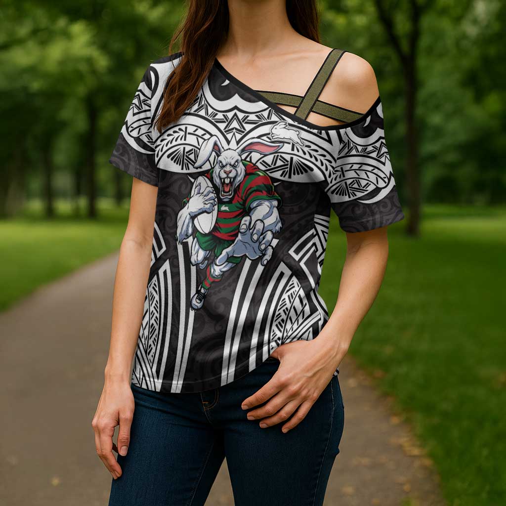 South Sydney Rabbitohs Rugby Cross Shoulder Shirt Polynesian Tribal Rabbit Warrior Black White Pattern