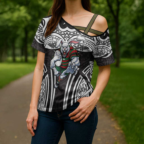 South Sydney Rabbitohs Rugby Cross Shoulder Shirt Polynesian Tribal Rabbit Warrior Black White Pattern
