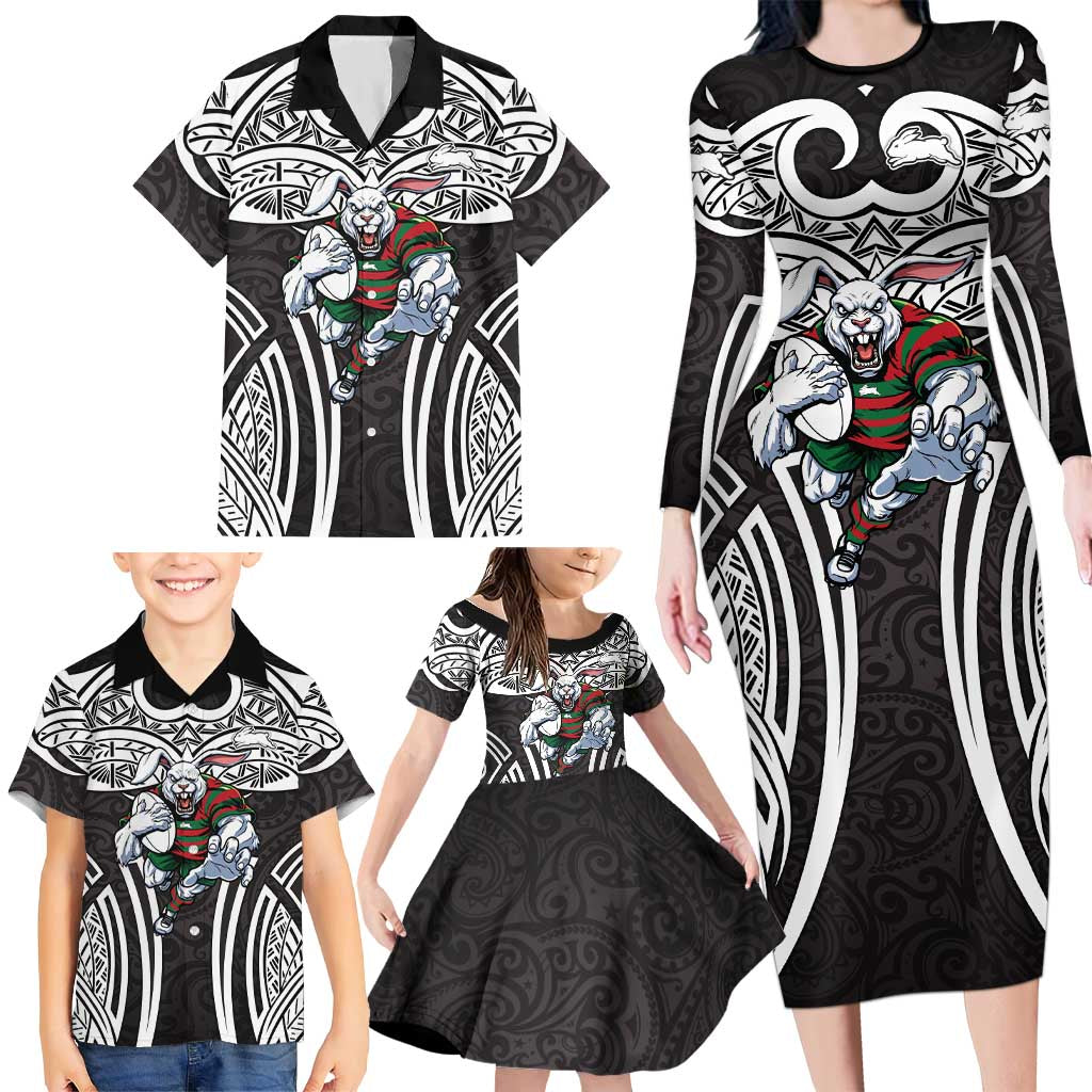 South Sydney Rabbitohs Rugby Family Matching Long Sleeve Bodycon Dress and Hawaiian Shirt Polynesian Tribal Rabbit Warrior Black White Pattern