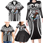 South Sydney Rabbitohs Rugby Family Matching Long Sleeve Bodycon Dress and Hawaiian Shirt Polynesian Tribal Rabbit Warrior Black White Pattern
