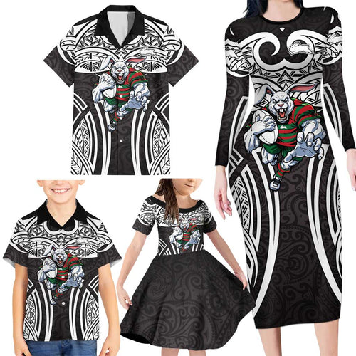 South Sydney Rabbitohs Rugby Family Matching Long Sleeve Bodycon Dress and Hawaiian Shirt Polynesian Tribal Rabbit Warrior Black White Pattern