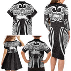 South Sydney Rabbitohs Rugby Family Matching Long Sleeve Bodycon Dress and Hawaiian Shirt Polynesian Tribal Rabbit Warrior Black White Pattern