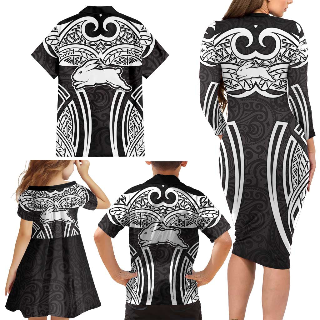 South Sydney Rabbitohs Rugby Family Matching Long Sleeve Bodycon Dress and Hawaiian Shirt Polynesian Tribal Rabbit Warrior Black White Pattern