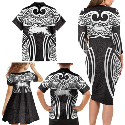 South Sydney Rabbitohs Rugby Family Matching Long Sleeve Bodycon Dress and Hawaiian Shirt Polynesian Tribal Rabbit Warrior Black White Pattern