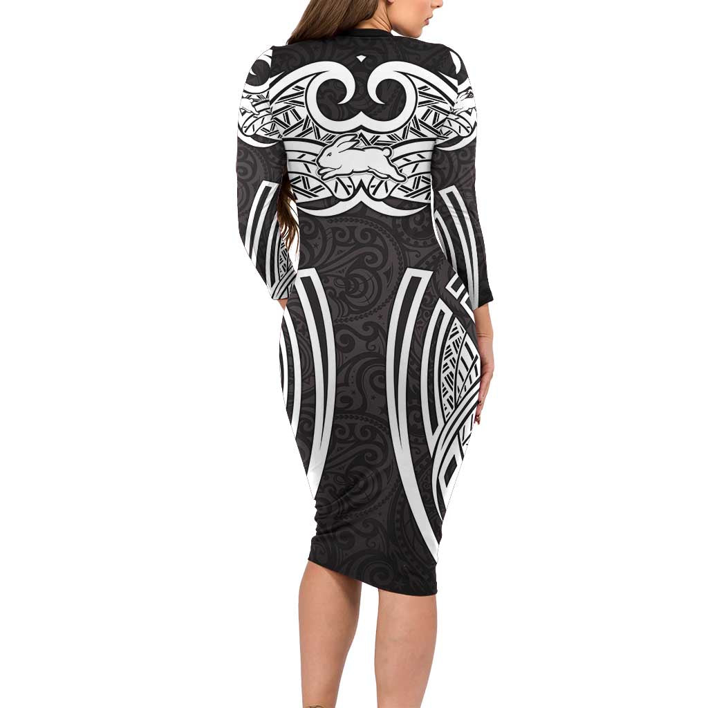 South Sydney Rabbitohs Rugby Family Matching Long Sleeve Bodycon Dress and Hawaiian Shirt Polynesian Tribal Rabbit Warrior Black White Pattern