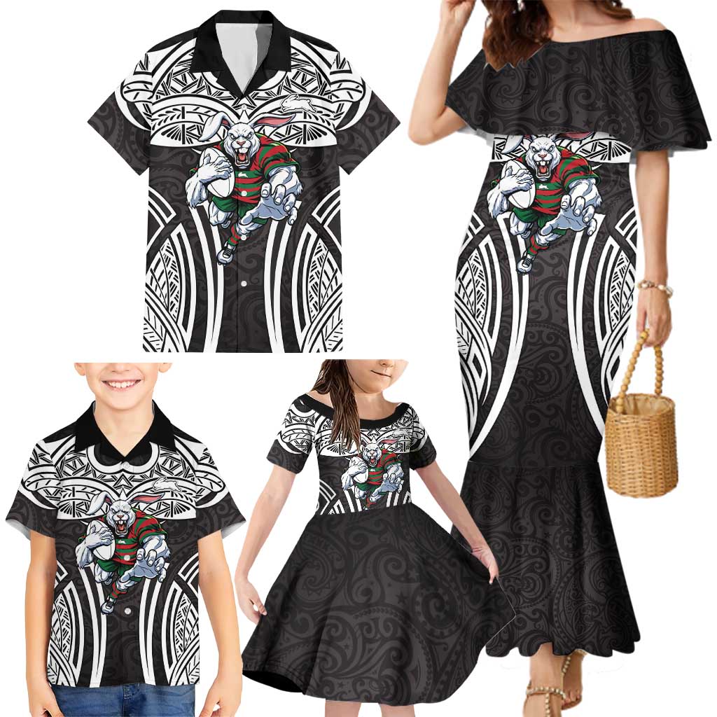 South Sydney Rabbitohs Rugby Family Matching Mermaid Dress and Hawaiian Shirt Polynesian Tribal Rabbit Warrior Black White Pattern