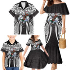 South Sydney Rabbitohs Rugby Family Matching Mermaid Dress and Hawaiian Shirt Polynesian Tribal Rabbit Warrior Black White Pattern