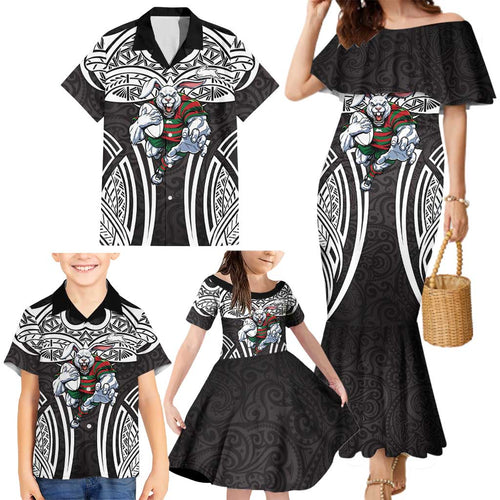 South Sydney Rabbitohs Rugby Family Matching Mermaid Dress and Hawaiian Shirt Polynesian Tribal Rabbit Warrior Black White Pattern