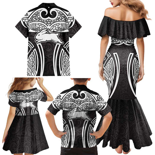 South Sydney Rabbitohs Rugby Family Matching Mermaid Dress and Hawaiian Shirt Polynesian Tribal Rabbit Warrior Black White Pattern