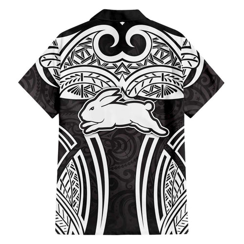 South Sydney Rabbitohs Rugby Family Matching Mermaid Dress and Hawaiian Shirt Polynesian Tribal Rabbit Warrior Black White Pattern